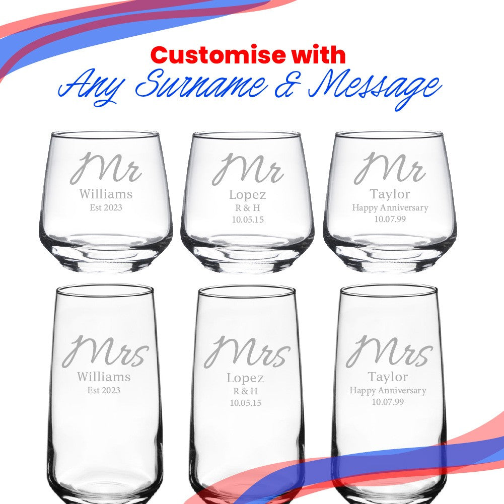 Personalised Mr &amp; Mrs Whisky and Cocktail Glass Set