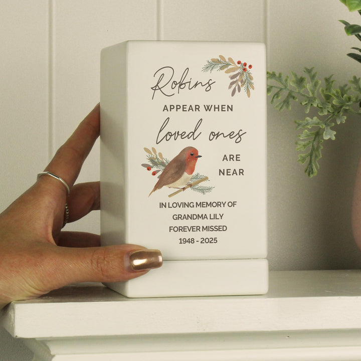 Personalised Robins Appear Small Wooden Urn, The Personal Shop, personalised gifts