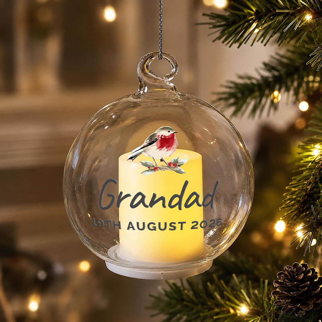 Personalised Robin Memorial LED Candle Glass Bauble, The Personal Shop, personalised gifts