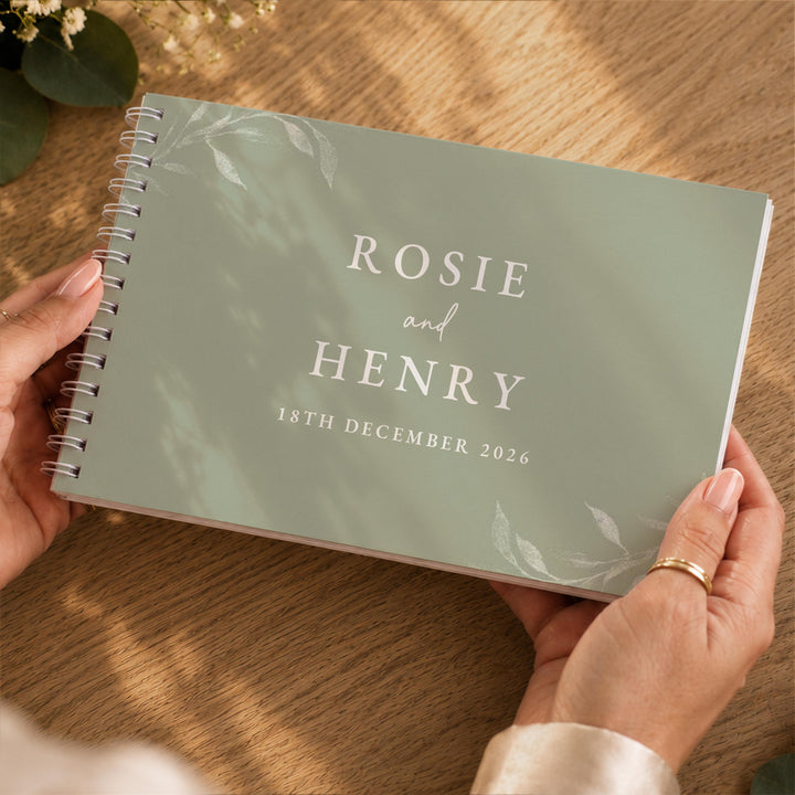 Personalised Botanical Sage Green Wedding Guest Book, The Personal Shop, personalised gifts