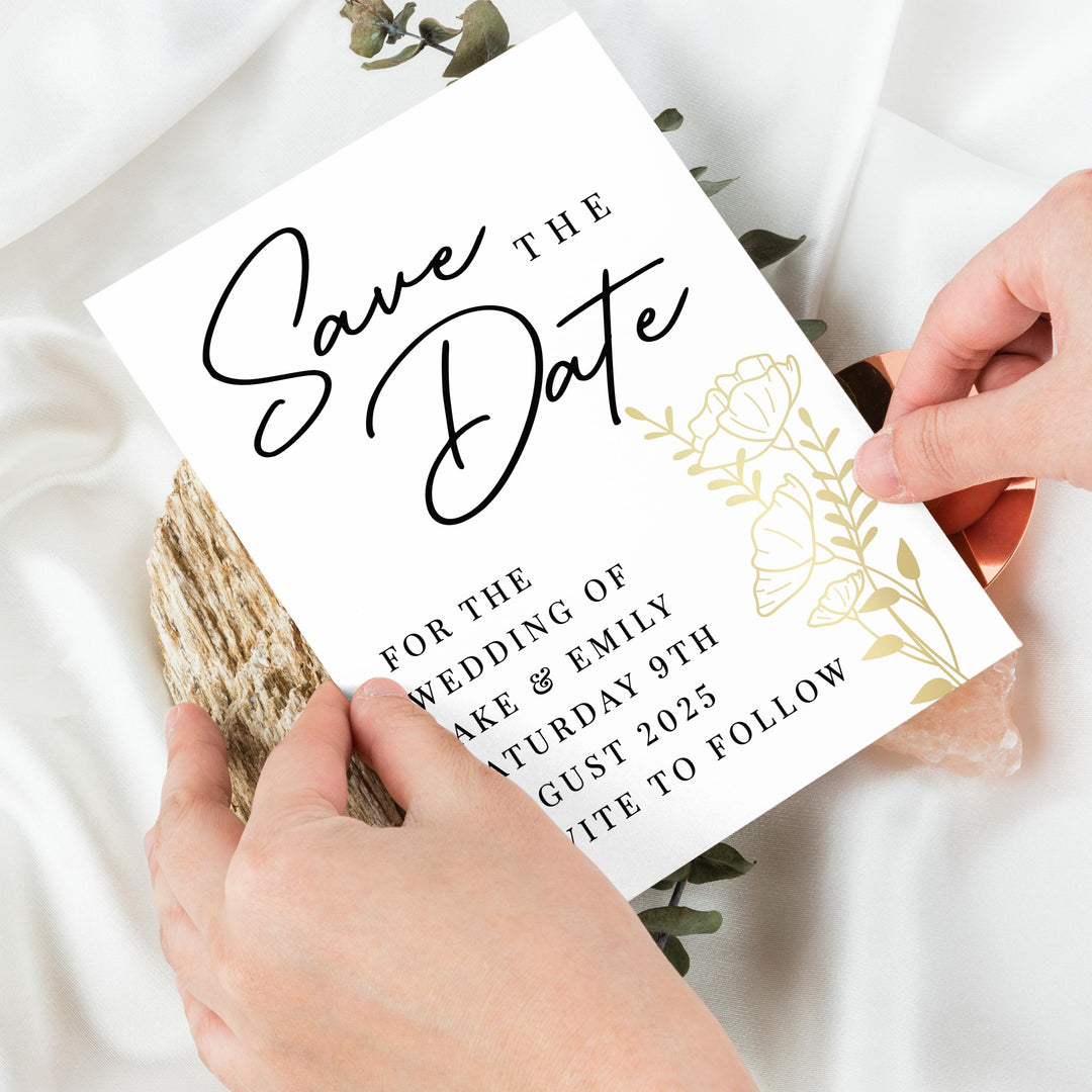Personalised Gold Floral Set of 36 Wedding Save the Dates, The Personal Shop, personalised gifts