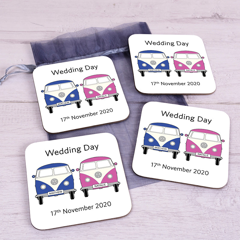 Personalised Happy Couple Camper Van Coasters Set of 4