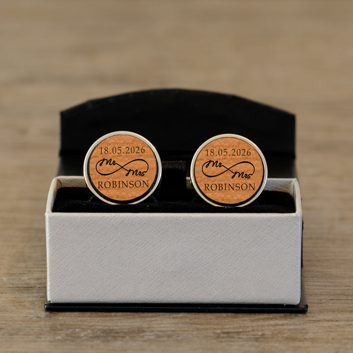 Personalised Mr &amp; Mrs Infinity Cherry Wood Cufflinks