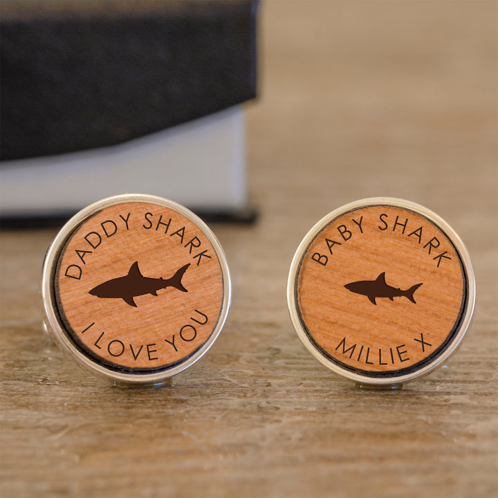 Personalised Daddy Shark Cherry Wood Cufflinks
