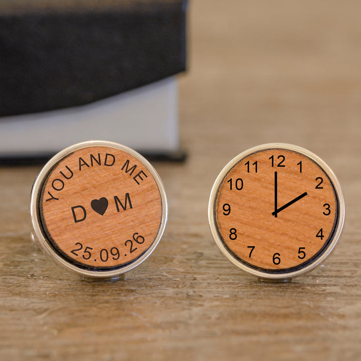 Personalised Cherry Wood Wedding Cufflinks with Initials &amp; Date
