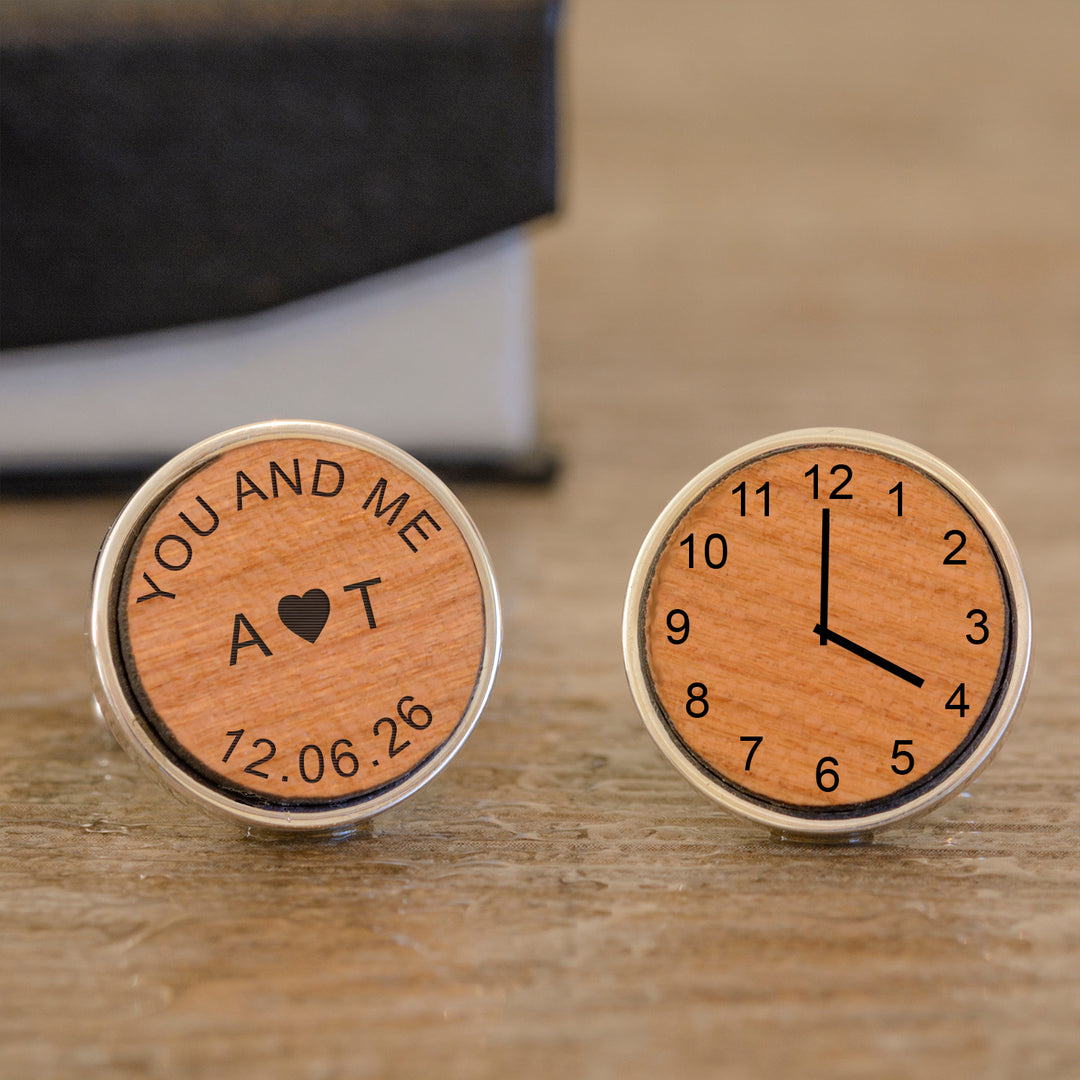 Personalised Cherry Wood Wedding Cufflinks with Initials &amp; Date