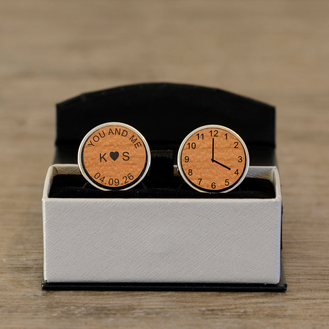 Personalised Cherry Wood Wedding Cufflinks with Initials &amp; Date