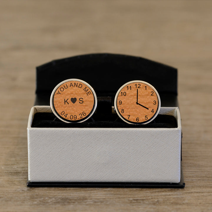 Personalised Cherry Wood Wedding Cufflinks with Initials &amp; Date