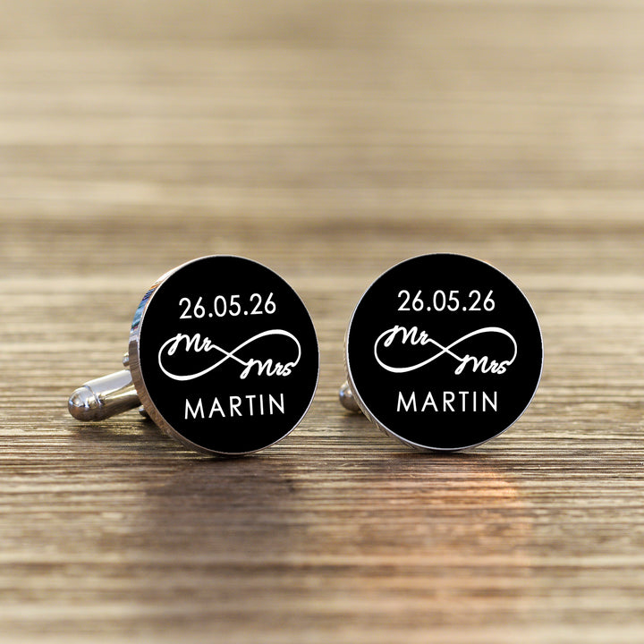 Personalised Mr &amp; Mrs Infinity Cufflinks in Black or White