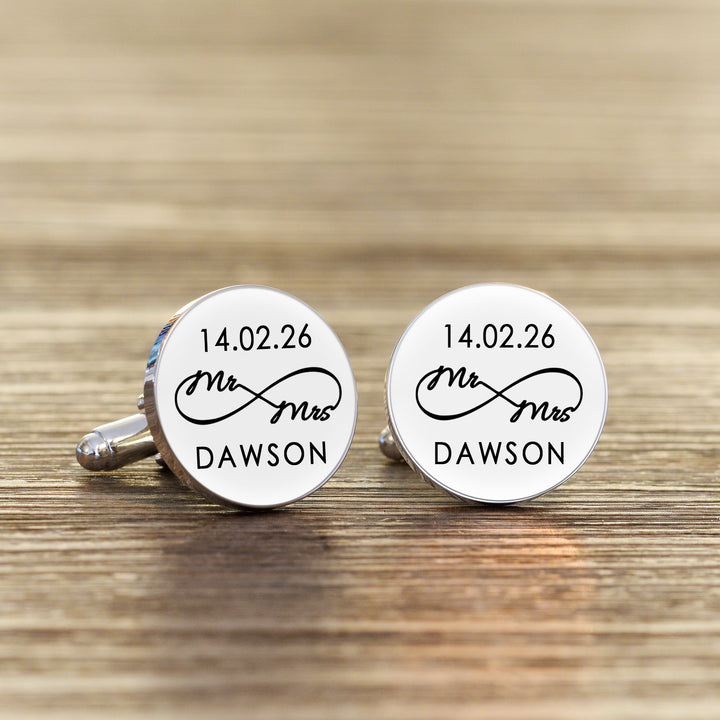 Personalised Mr &amp; Mrs Infinity Cufflinks in Black or White