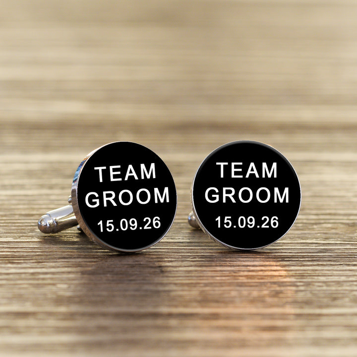 Personalised Team Groom Cufflinks with Date in Black or White