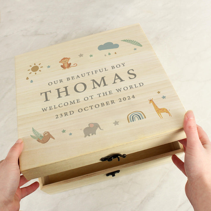 Personalised Safari Animals Large Wooden Keepsake Box, The Personal Shop, personalised gifts