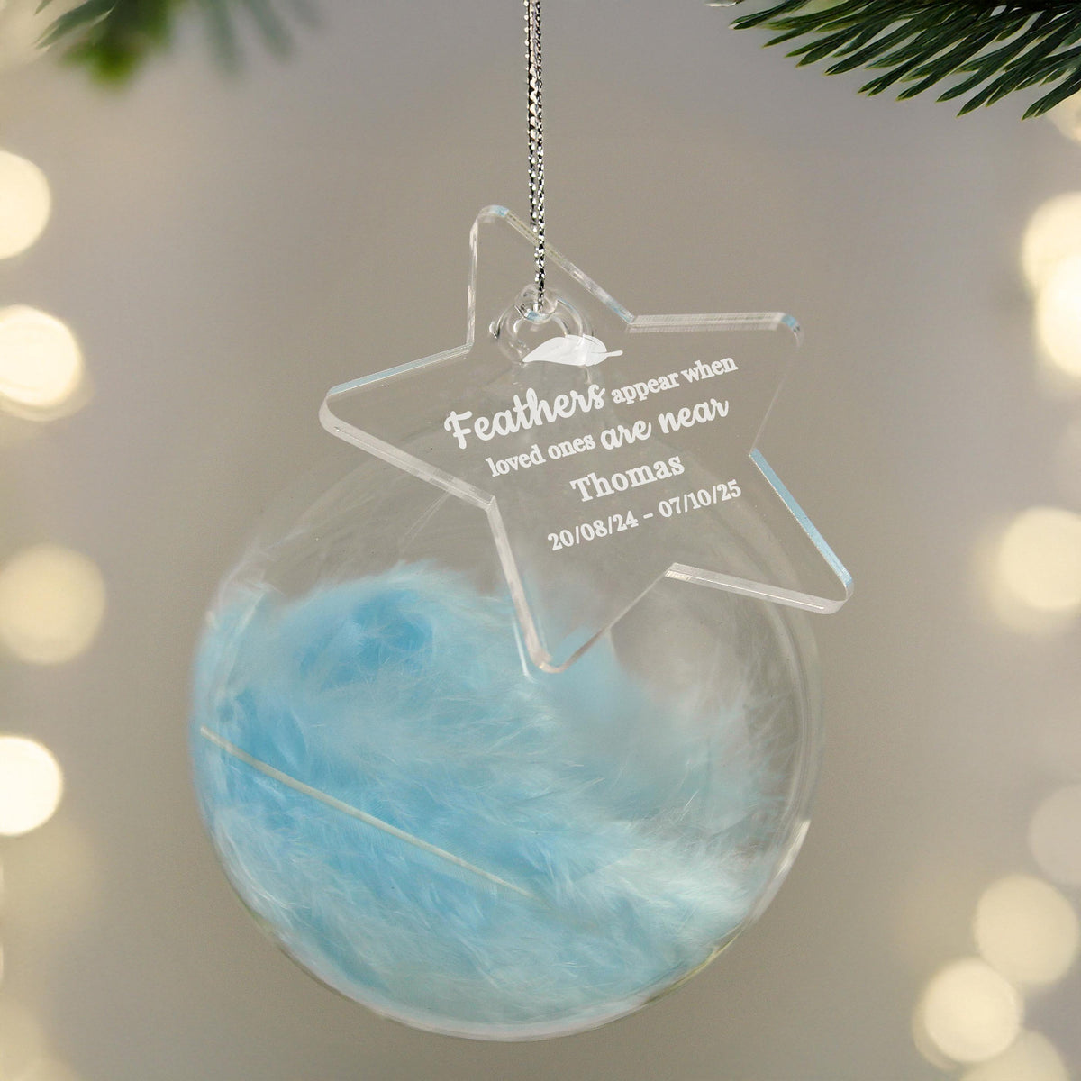 Personalised Blue Memorial Feather Bauble – alternative view
