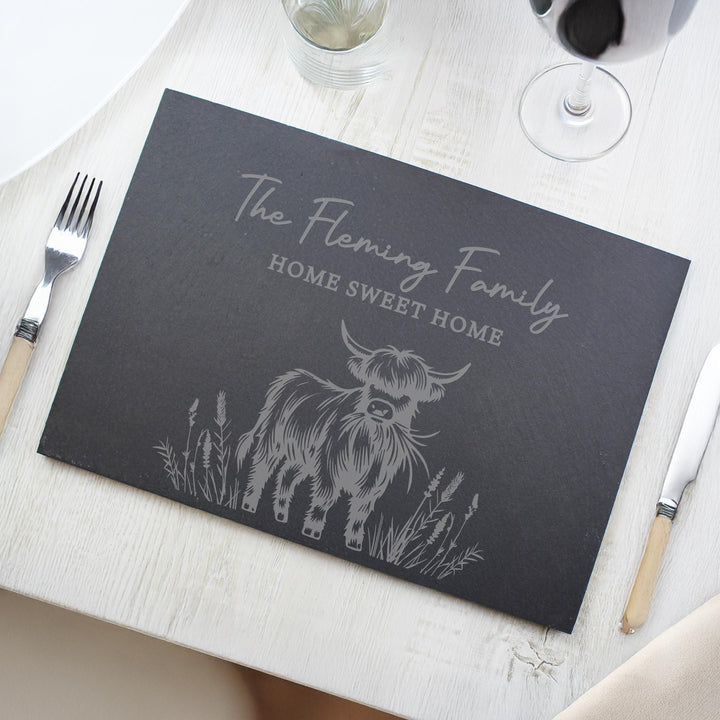 Personalised Highland Cow Slate Placemat, The Personal Shop, personalised gifts