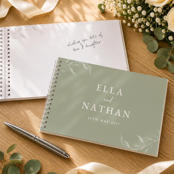 Personalised Botanical Sage Green Wedding Guest Book, The Personal Shop, personalised gifts