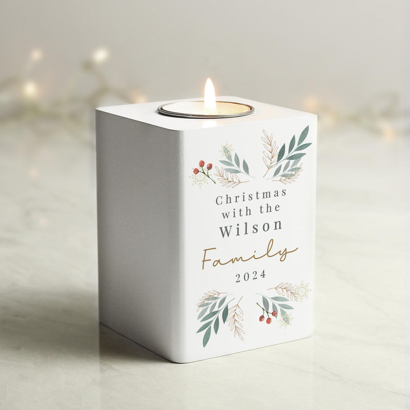 Personalised Christmas Foliage White Tealight Holder