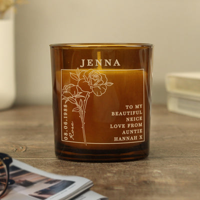 Personalised June Birth Flower Amber Glass Candle