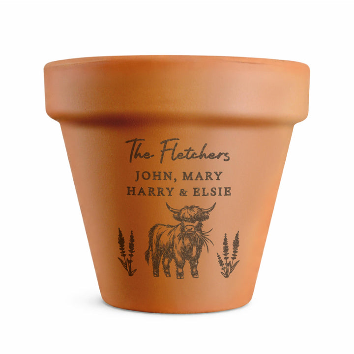 Personalised Highland Cow Terracotta Plant Pot, The Personal Shop, personalised gifts