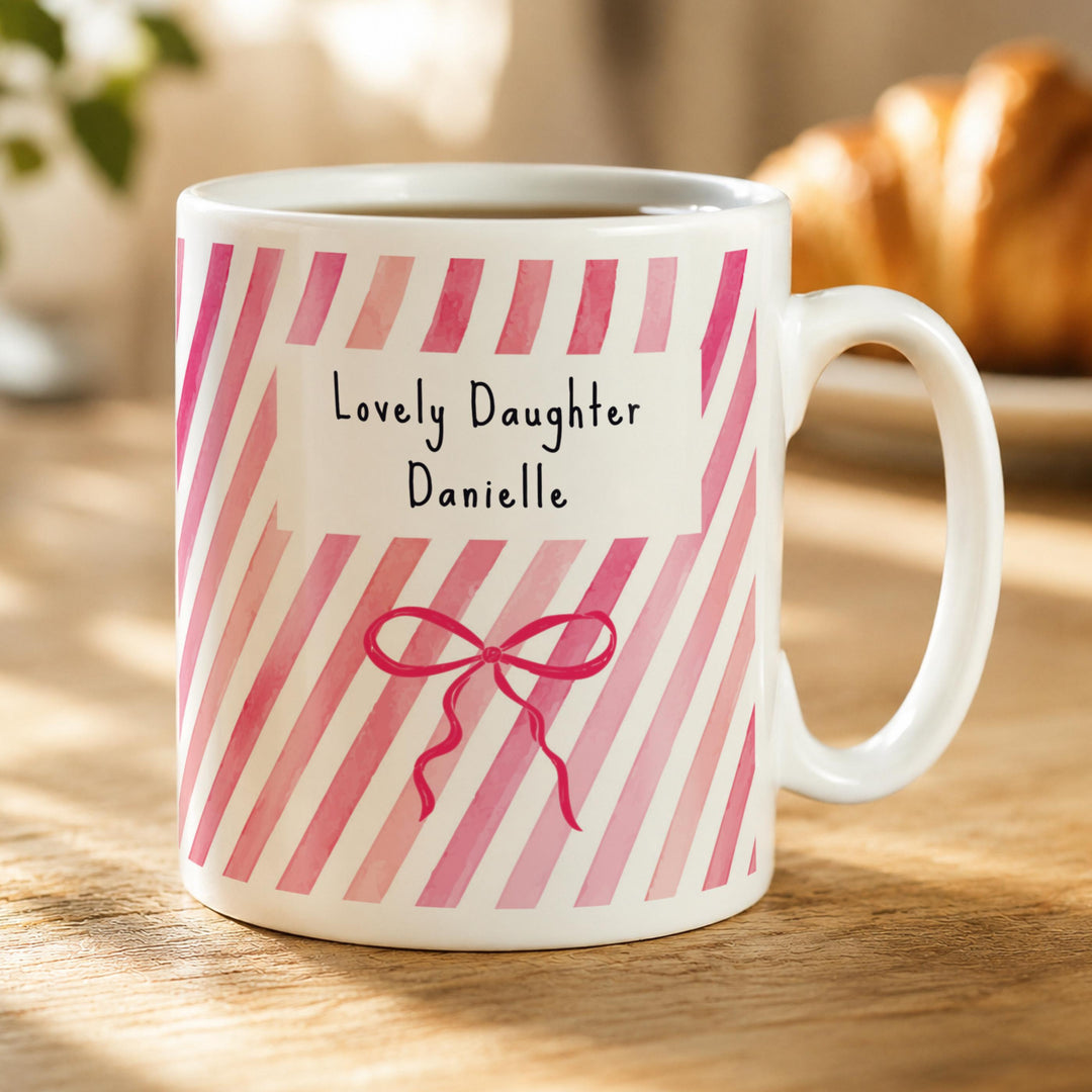 Personalised Striped Bow Mug, The Personal Shop, personalised gifts