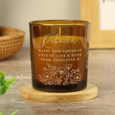 Personalised Wild Flowers Amber Glass Candle