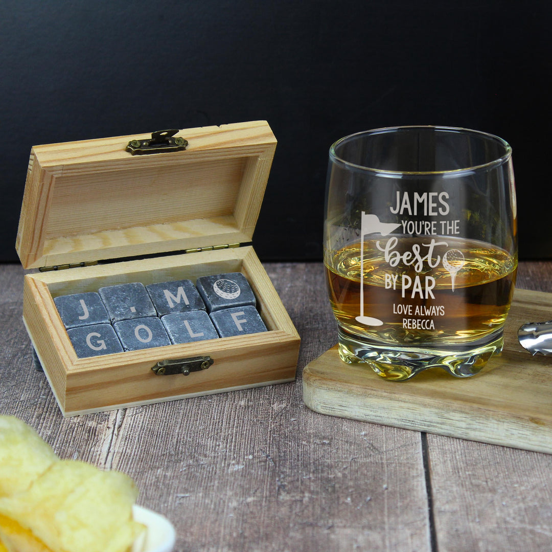 Personalised Best By Par Glass &amp; Whisky Stones