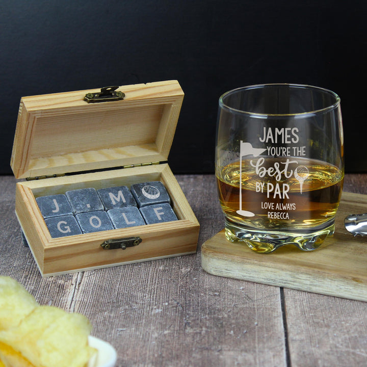 Personalised Best By Par Glass &amp; Whisky Stones