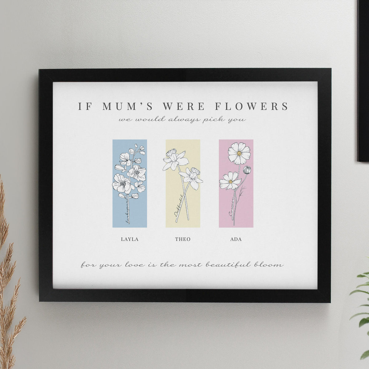 Personalised Birth Flower Family of 3 Black Framed Print, The Personal Shop, personalised gifts