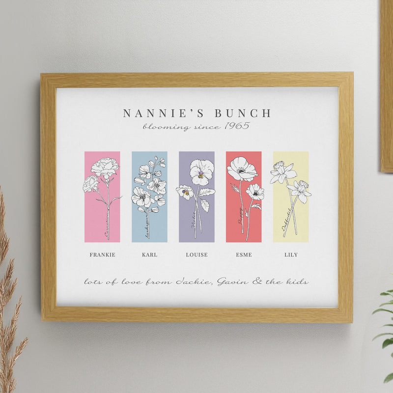 Personalised Birth Flower Family of 5 Oak Framed Print