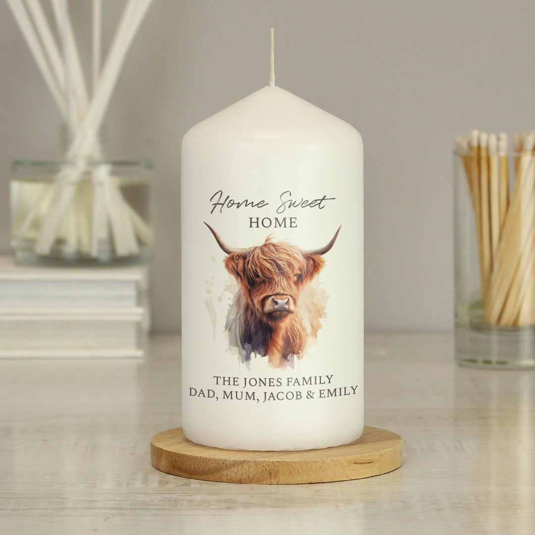 Personalised Highland Cow Pillar Candle – alternative view
