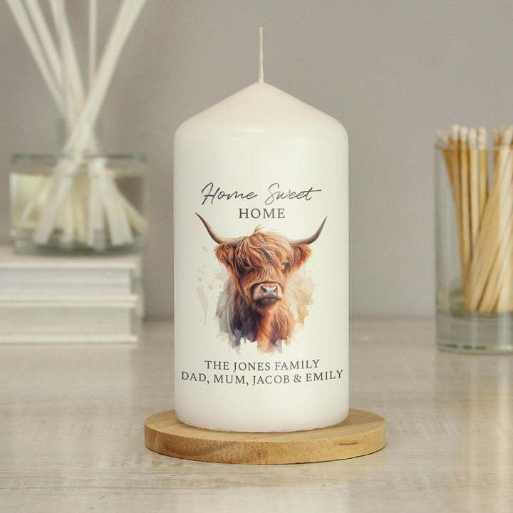 Personalised Highland Cow Pillar Candle – alternative view