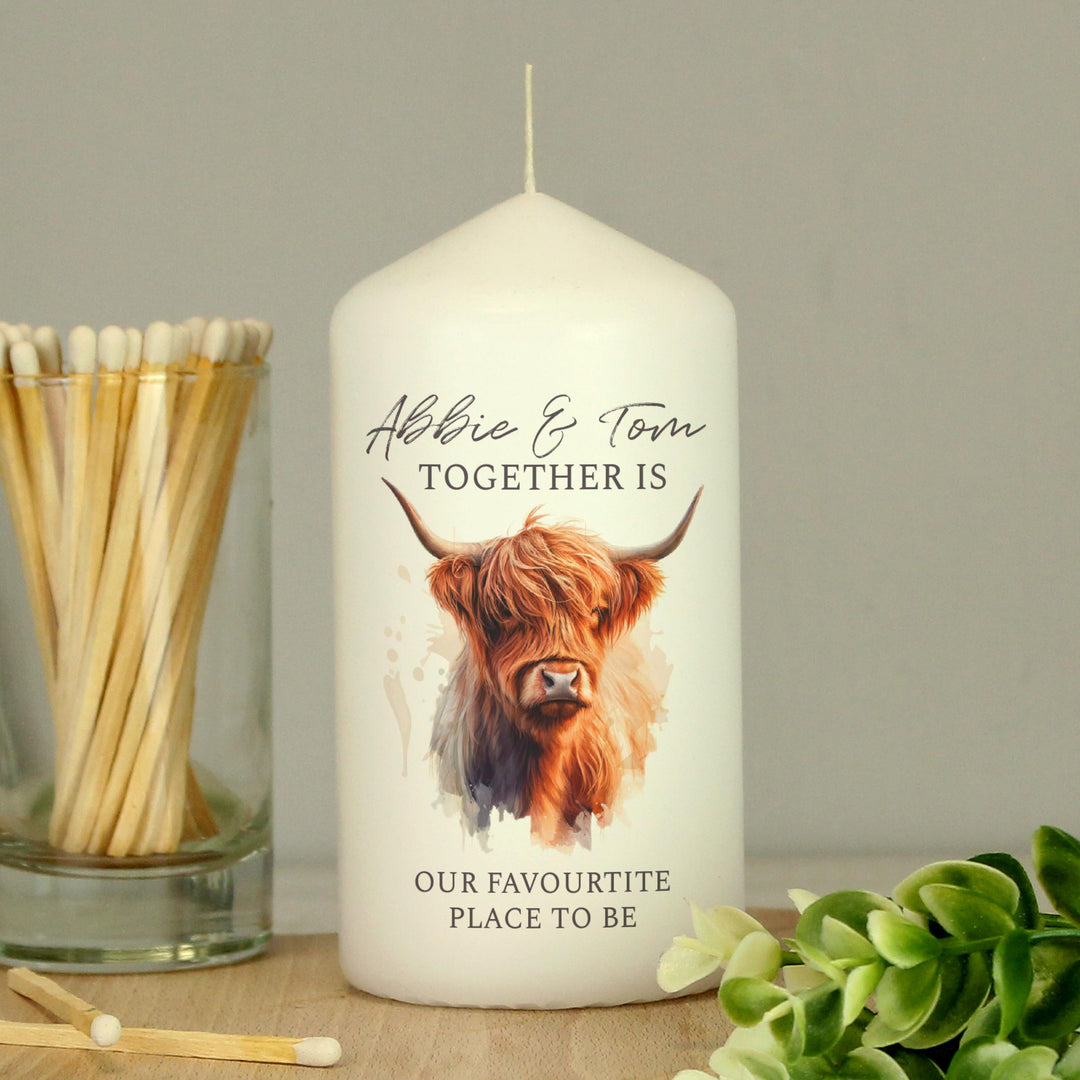 Personalised Highland Cow Pillar Candle – alternative view