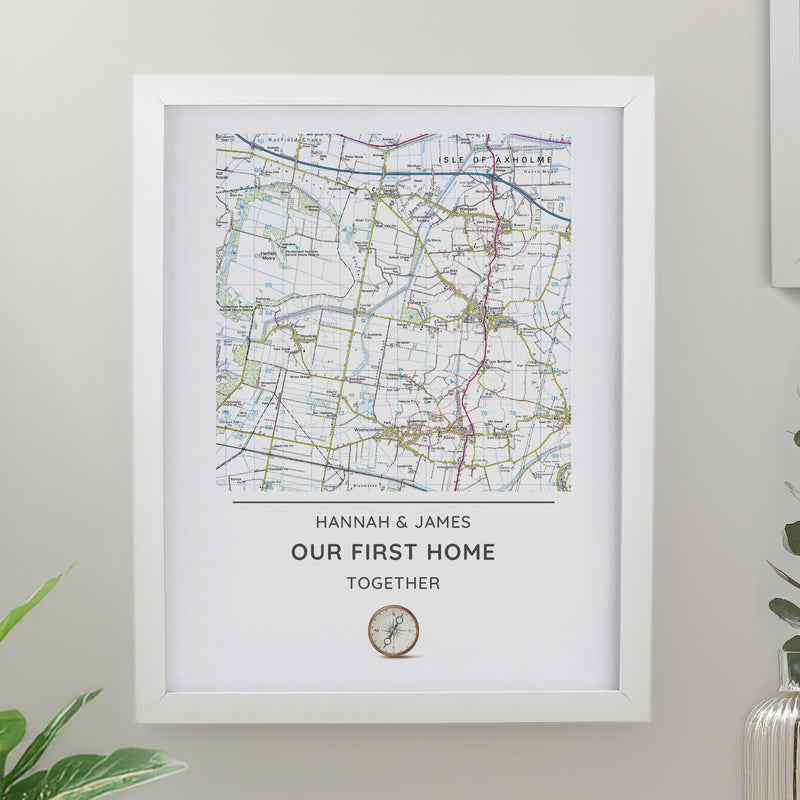 Personalised Present Day Map Compass White Poster Frame