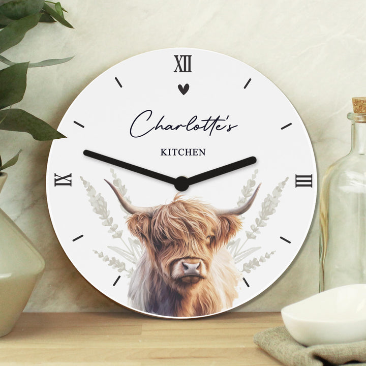 Personalised Highland Cow Wooden Clock – alternative view