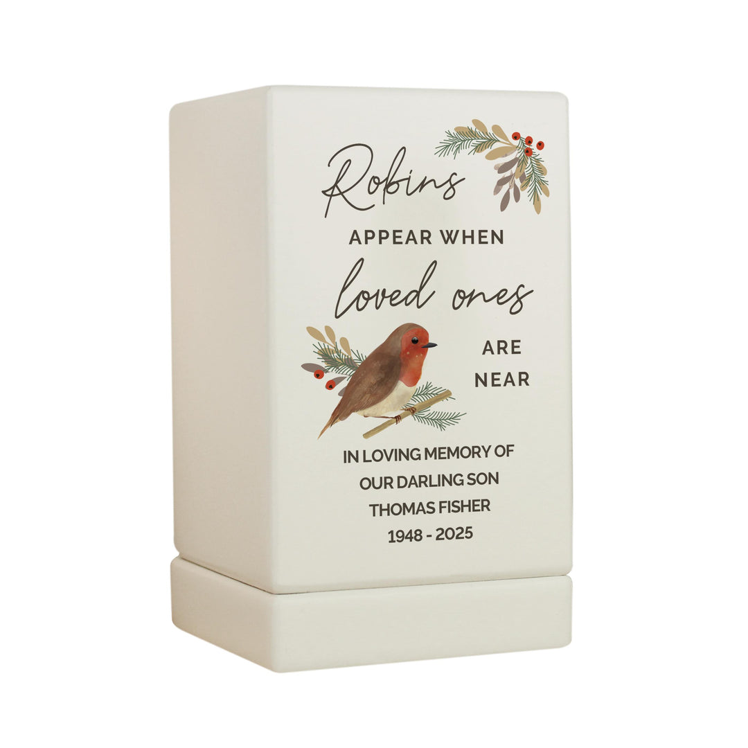 Personalised Robins Appear Small Wooden Urn, The Personal Shop, personalised gifts