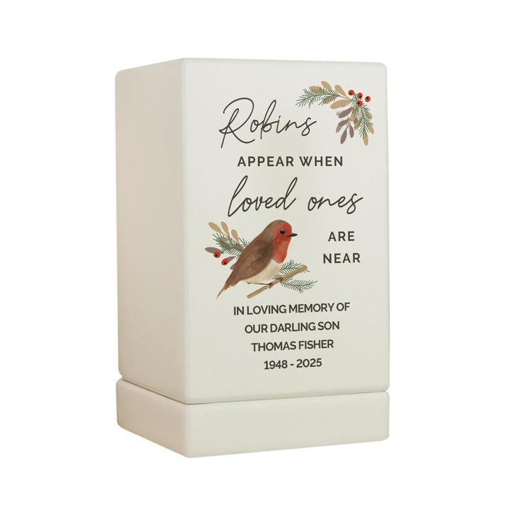 Personalised Robins Appear Small Wooden Urn, The Personal Shop, personalised gifts