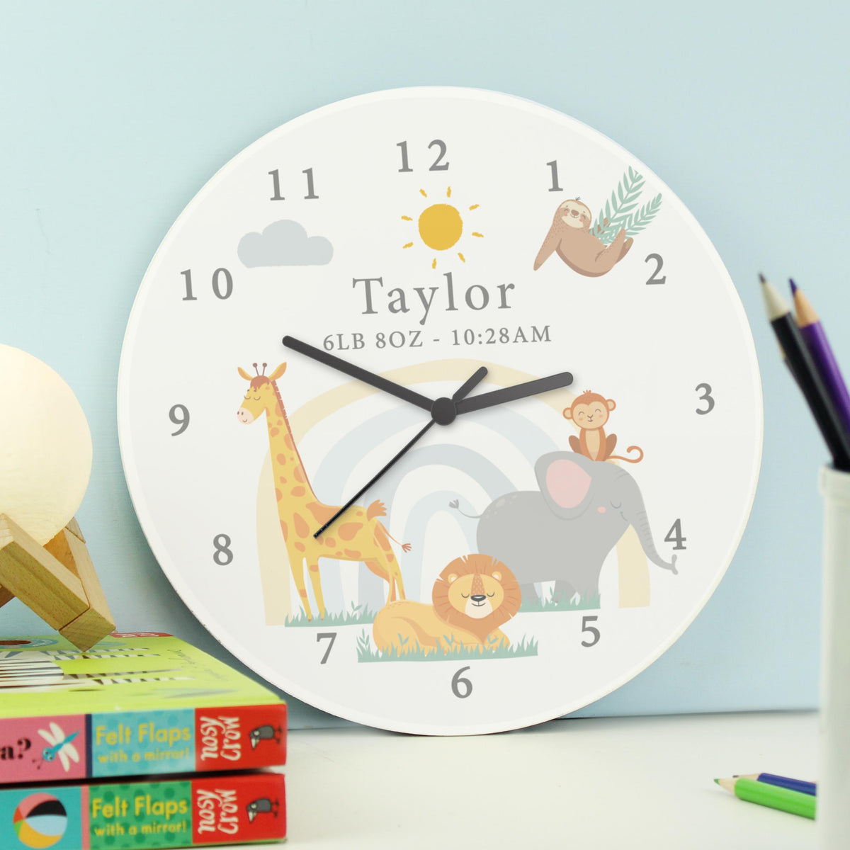 Personalised Safari Animals Wooden Nursery Clock, The Personal Shop, personalised gifts