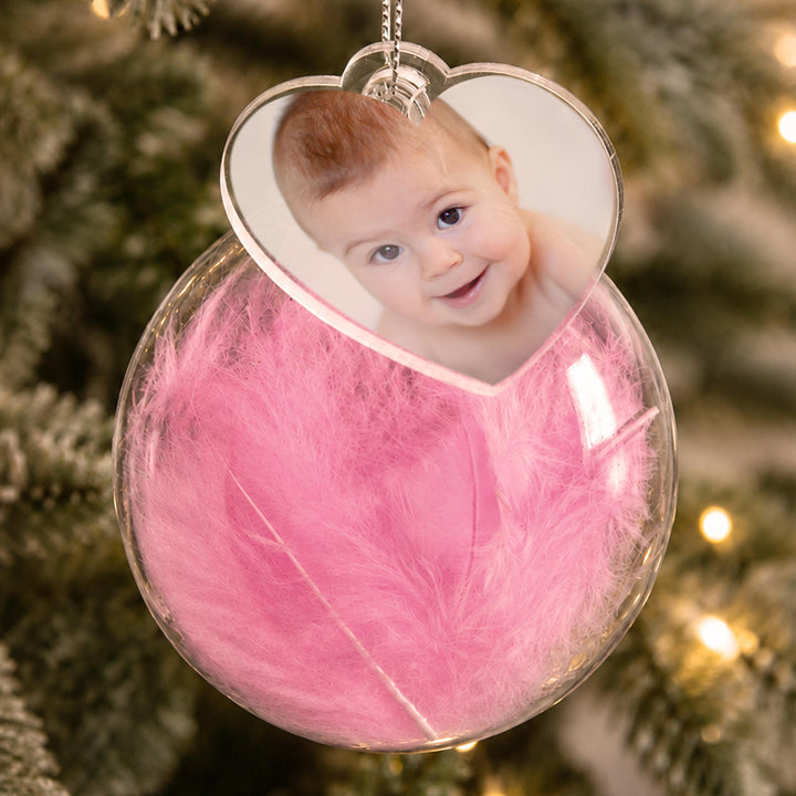 Personalised Photo Glass Christmas Bauble with Pink Feather, The Personal Shop, personalised gifts