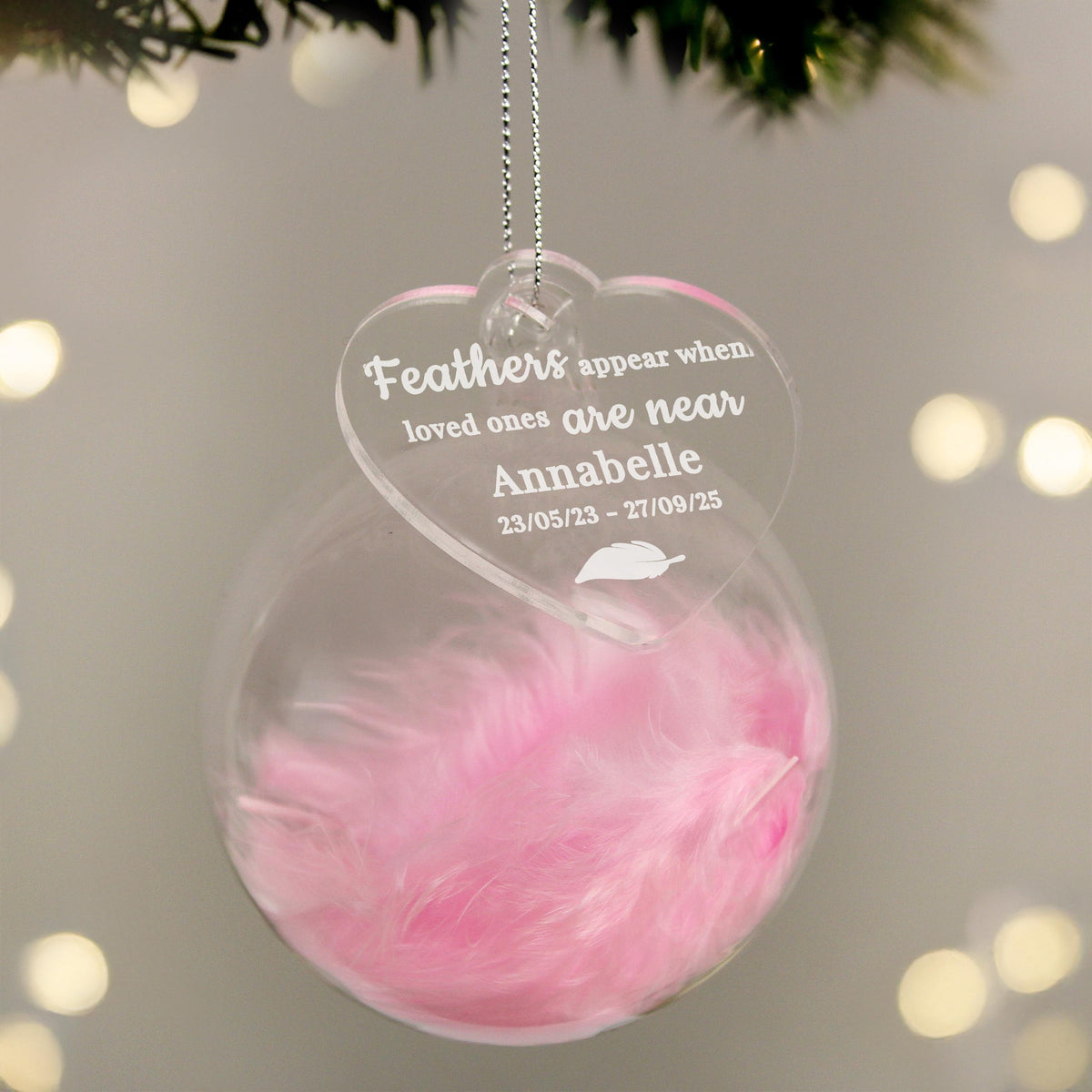 Personalised Pink Memorial Feather Bauble – alternative view