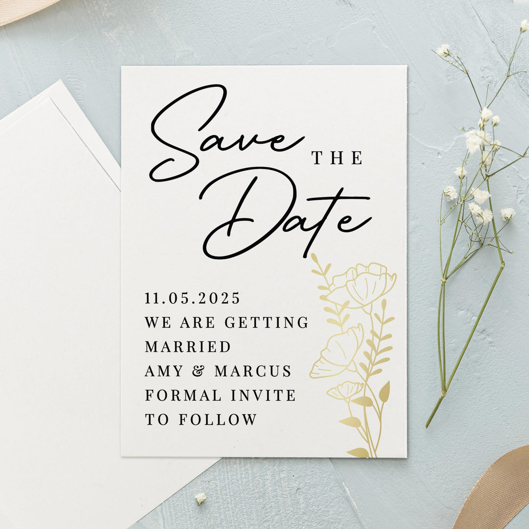 Personalised Gold Floral Set of 36 Wedding Save the Dates, The Personal Shop, personalised gifts