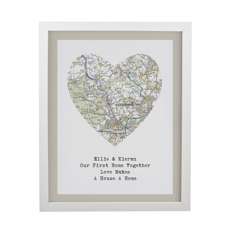 Personalised Present Day Map Heart White Poster Frame