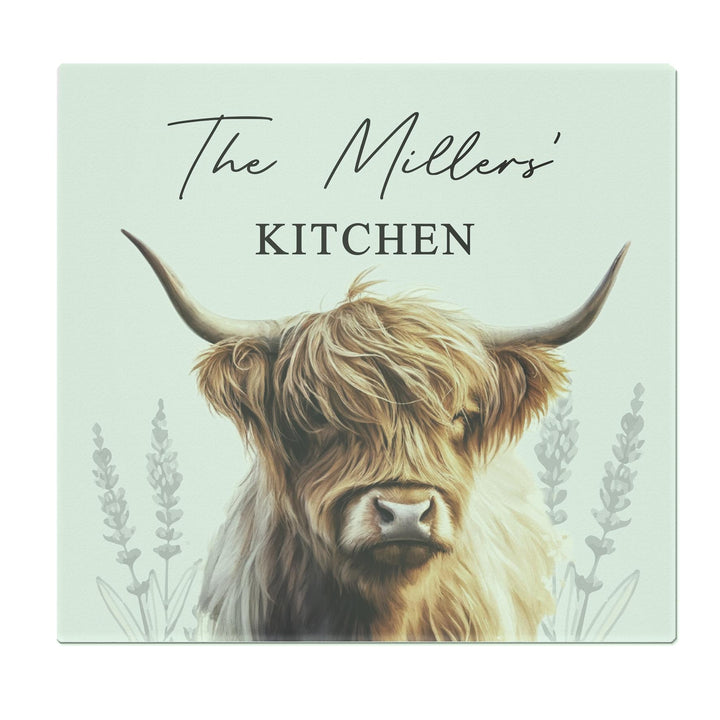 Personalised Highland Cow Glass Chopping Board – alternative view