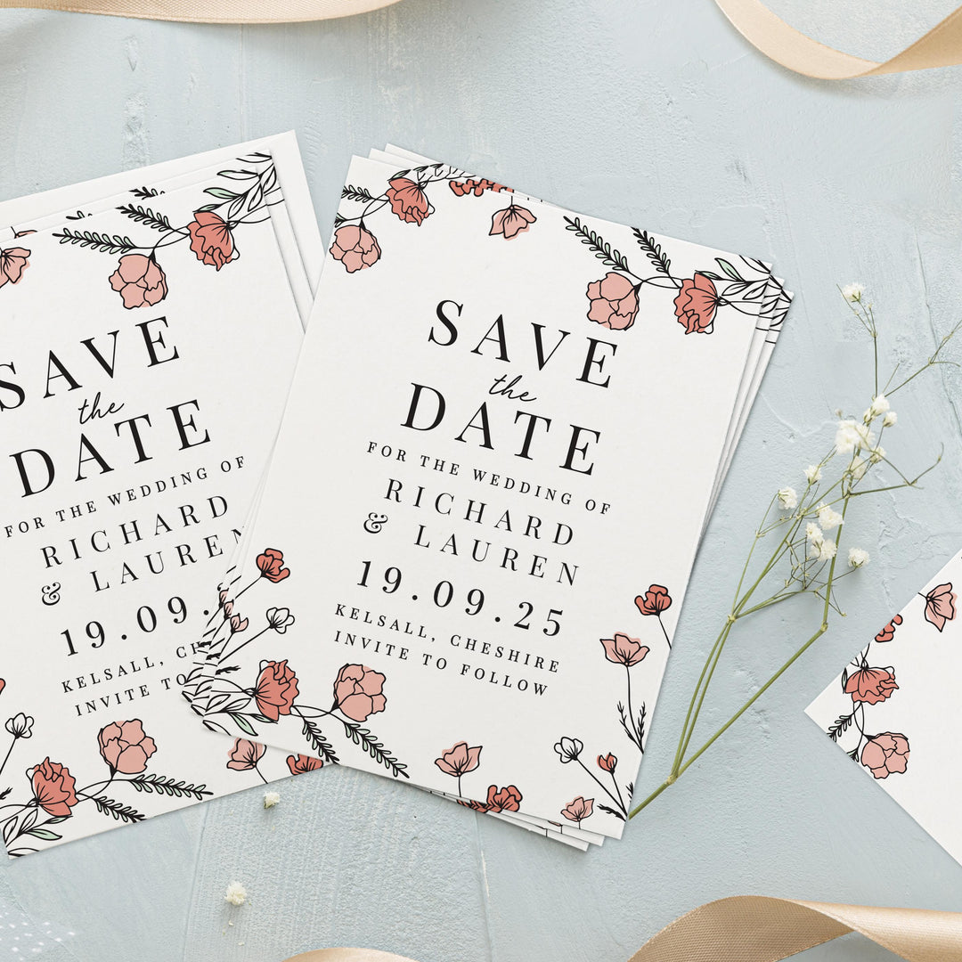 Personalised Pink Floral Set of 36 Wedding Save the Dates – alternative view