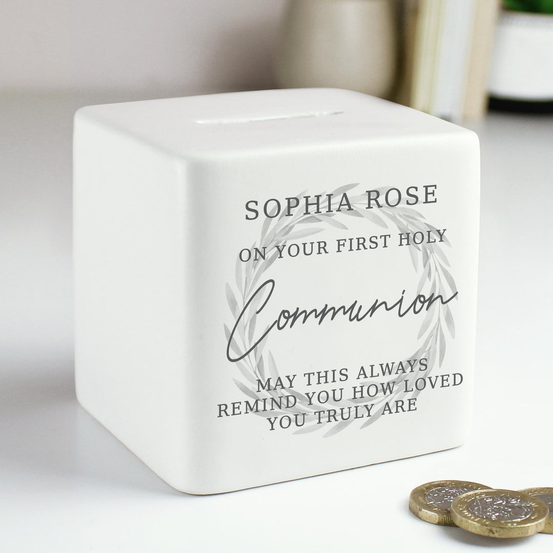 Personalised Wreath Ceramic Square Money Box – alternative view
