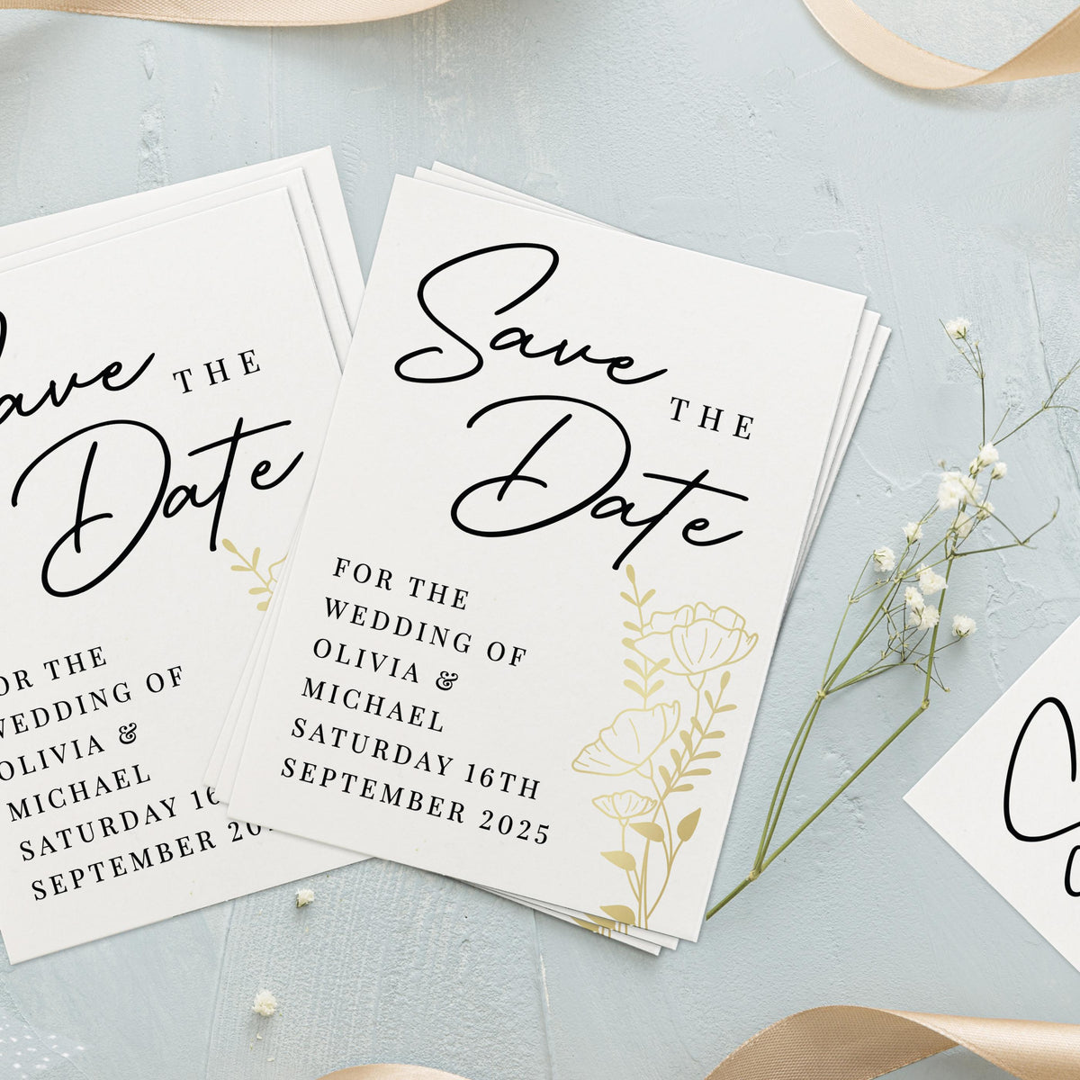 Personalised Gold Floral Set of 36 Wedding Save the Dates, The Personal Shop, personalised gifts