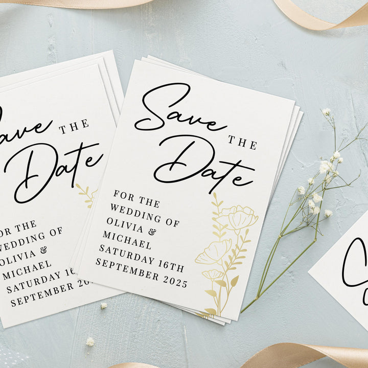 Personalised Gold Floral Set of 36 Wedding Save the Dates, The Personal Shop, personalised gifts