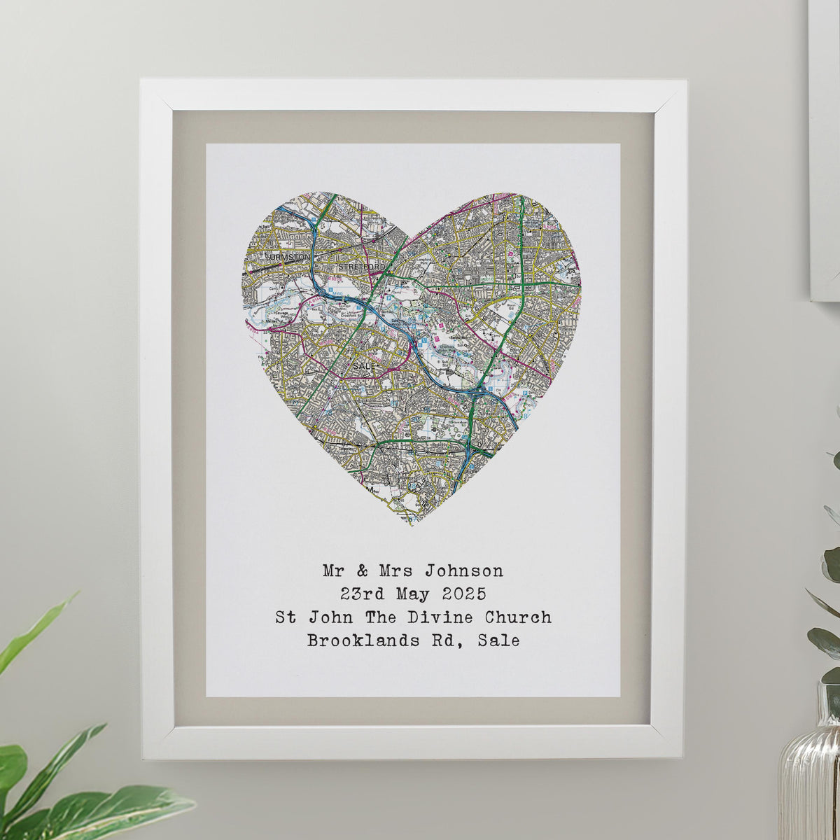 Personalised Present Day Map Heart White Poster Frame, The Personal Shop, personalised gifts