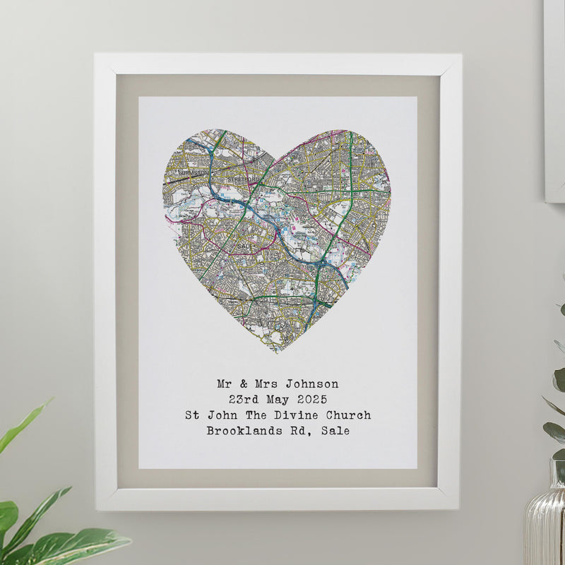 Personalised Present Day Map Heart White Poster Frame