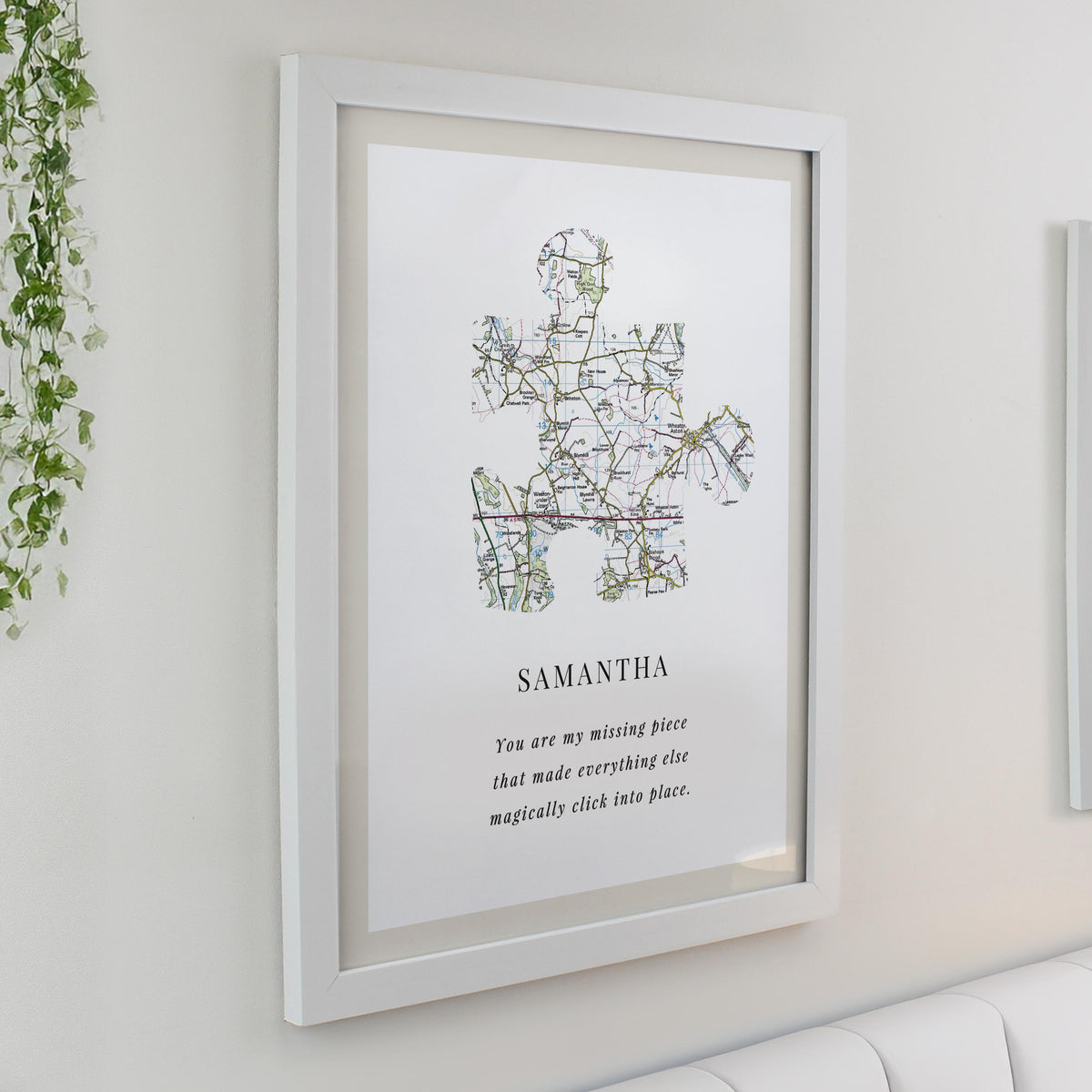 Personalised Present Day Map Puzzle Piece White Poster Frame – alternative view