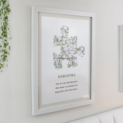 Personalised Present Day Map Puzzle Piece White Poster Frame