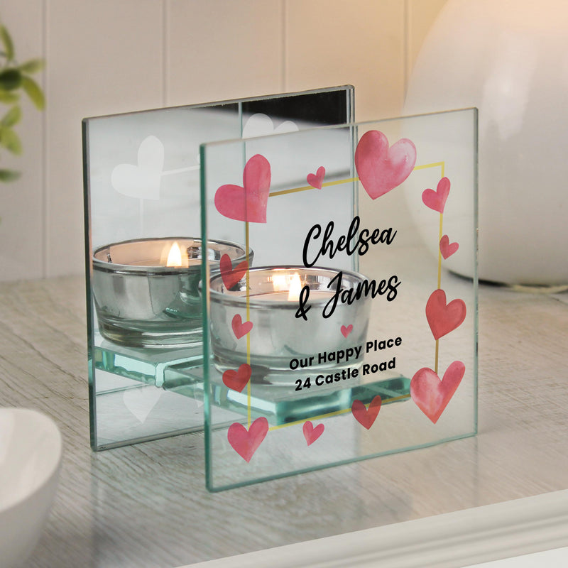 Personalised Hearts Mirrored Glass Tealight Holder